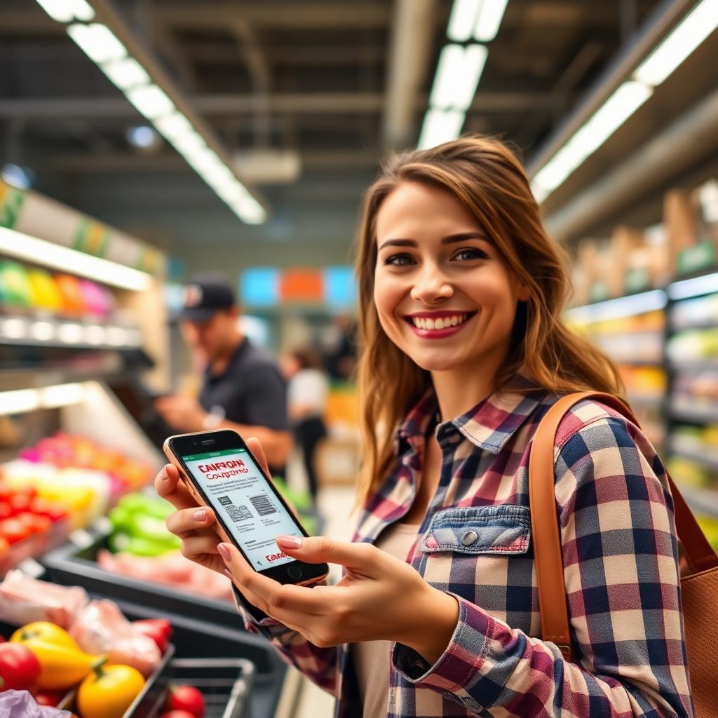 Shopper redeeming a digital coupon on their phone at the grocery store