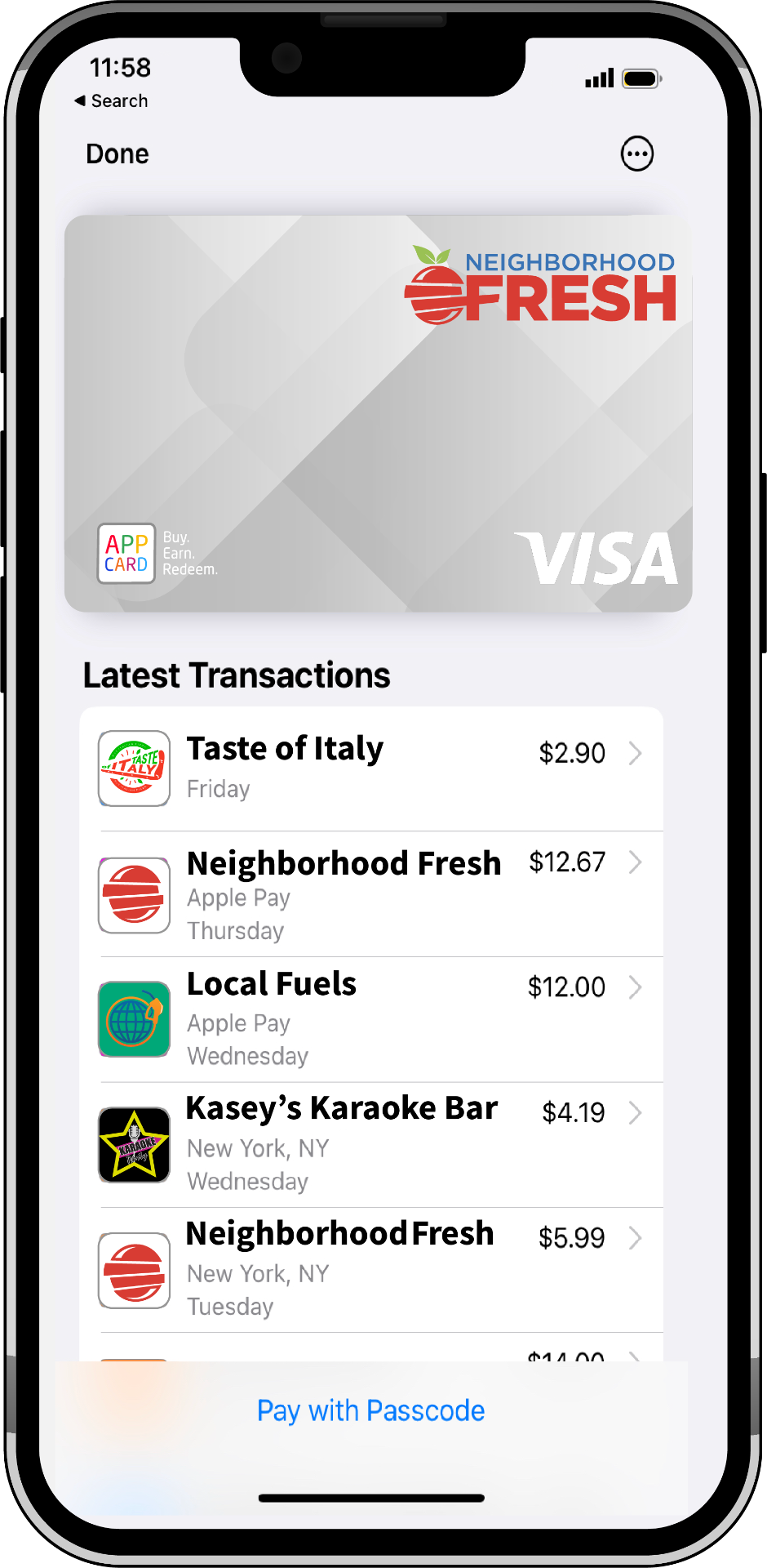 Retailer-branded card in Apple Wallet with latest transactions