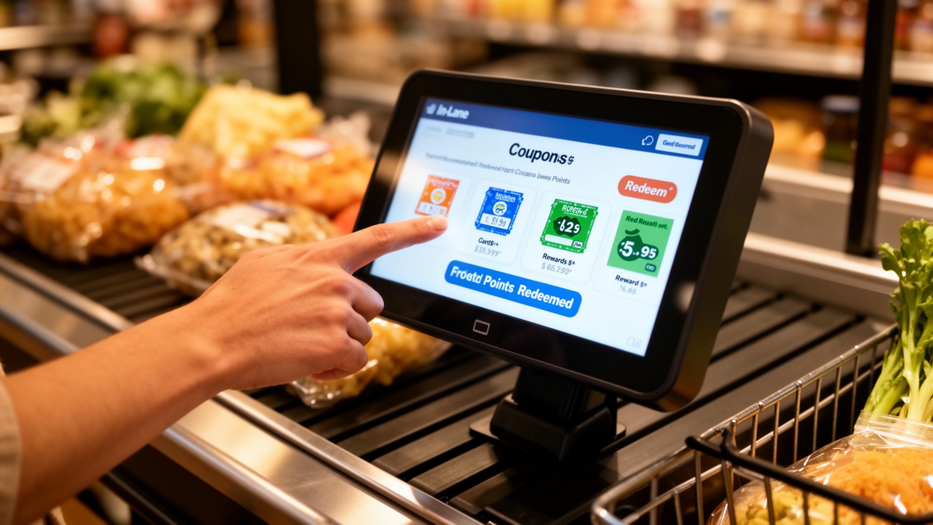 Shopper tapping an in-lane terminal screen to redeem rewards