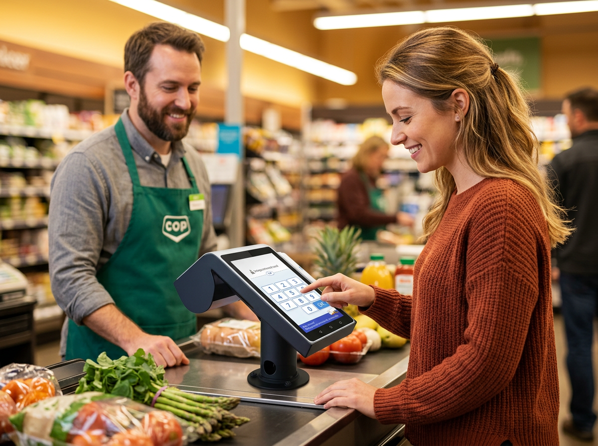 A smiling shopper signing up for the rewards program by tapping the in-lane terminal keypad while a friendly cashier looks on