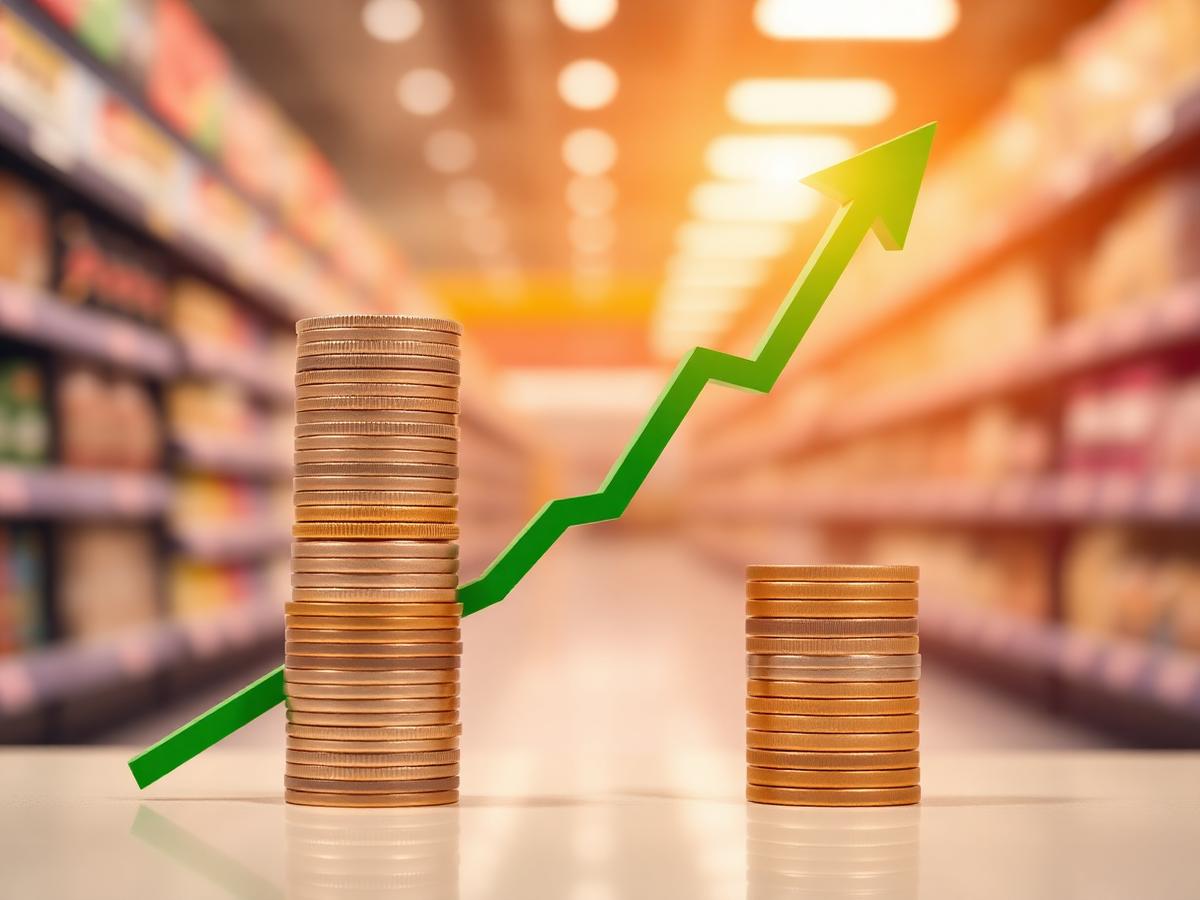 Stacked coins and an ascending green growth arrow over a grocery aisle