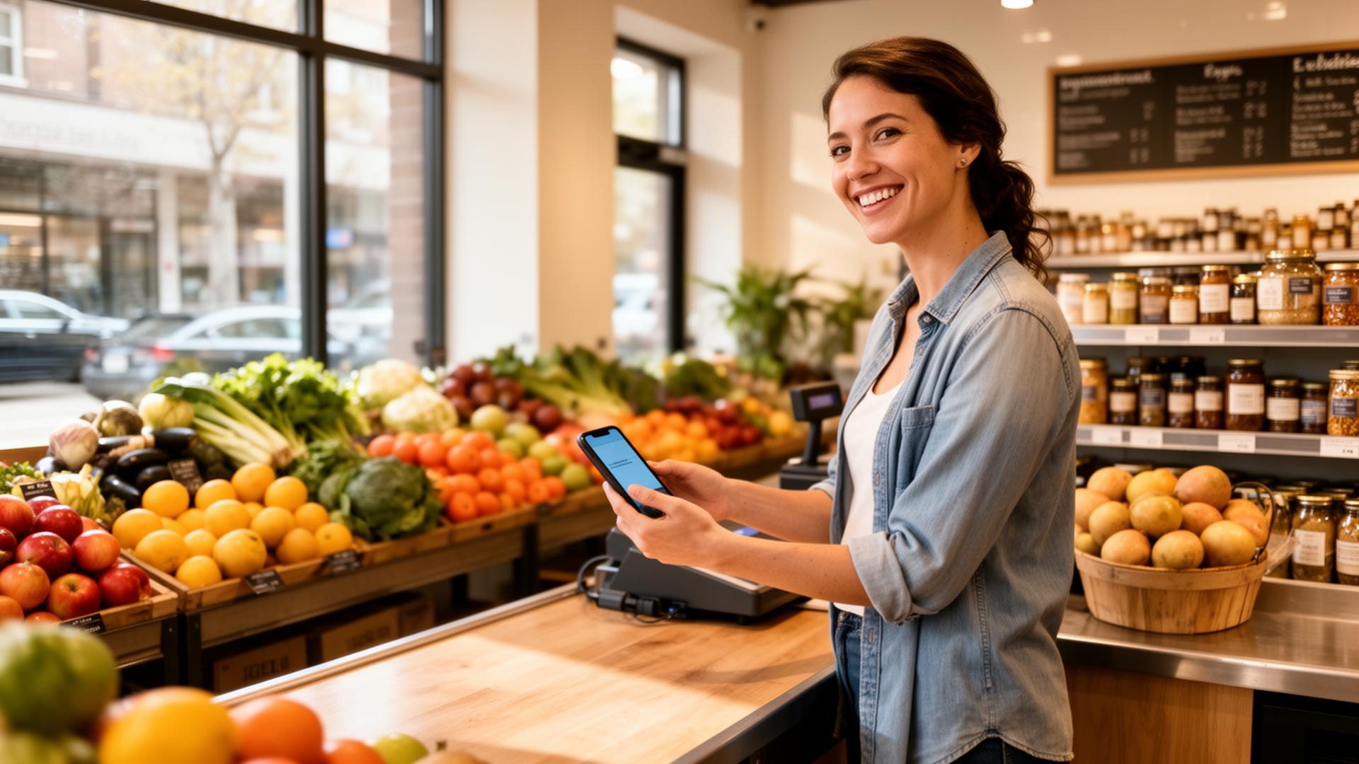 Shopper at an independent grocery checkout using the AppCard loyalty app