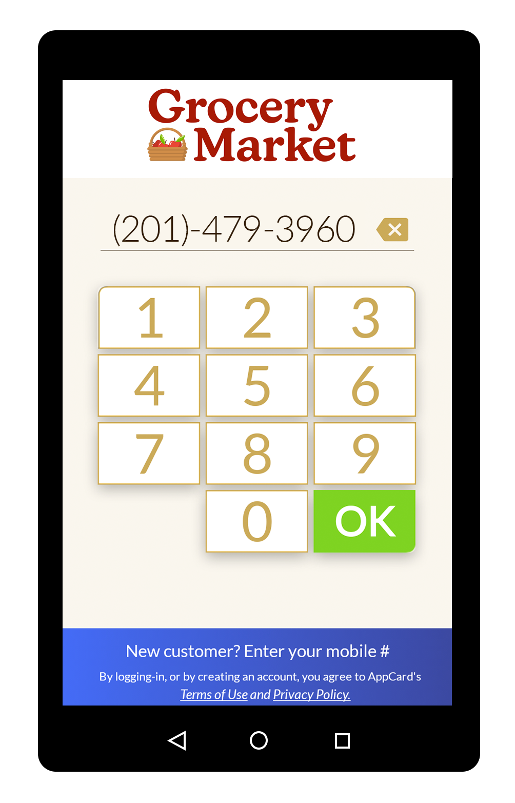AppCard in-lane terminal showing phone-number enrollment for grocery rewards