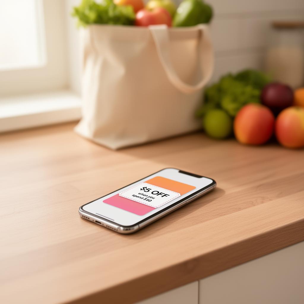 Smartphone showing a $5 off $50 digital grocery coupon on a kitchen counter