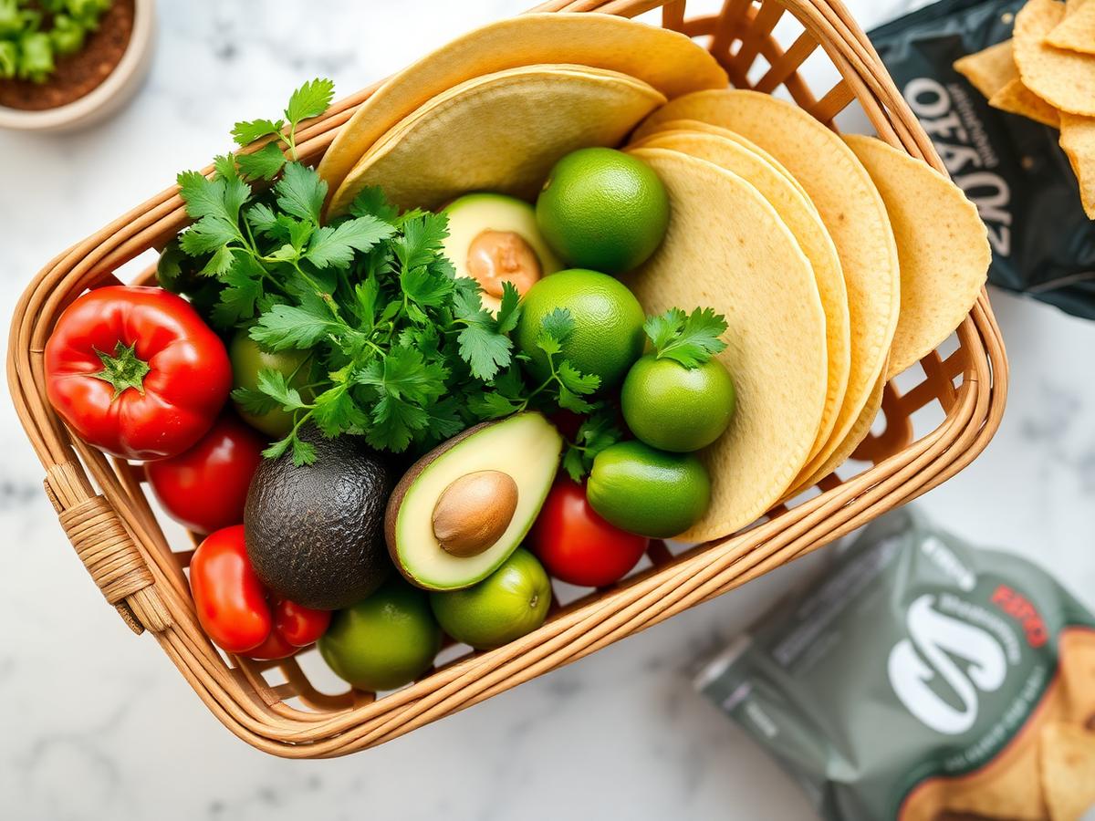 Overhead shot of a shopping basket filled with tortillas, avocados, limes, cilantro, tomatoes and tortilla chips for a Cinco de Mayo celebration