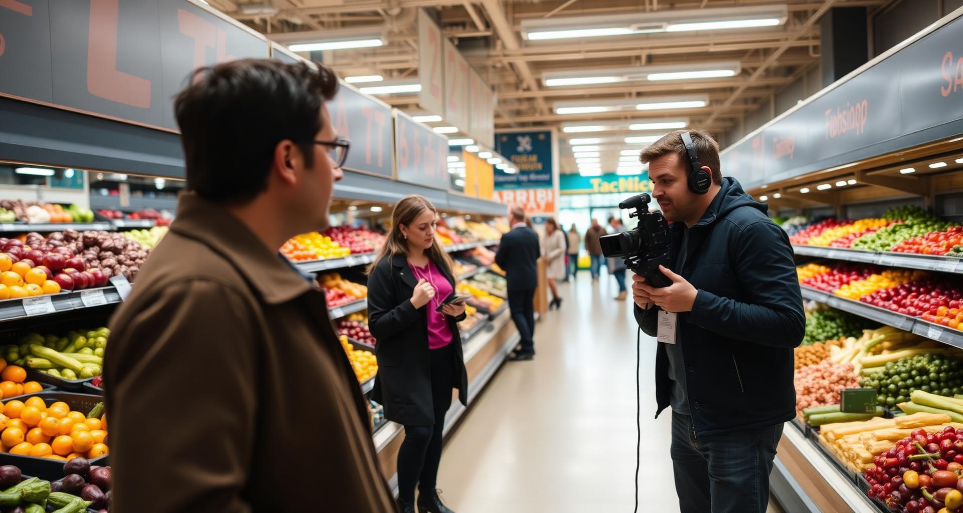 Journalist interviewing a grocer in the produce aisle