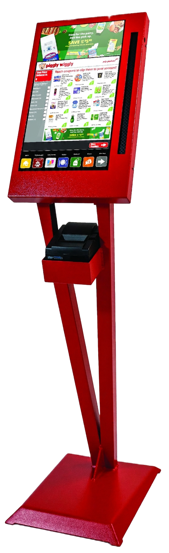 Red Piggly Wiggly–branded AppCard kiosk standee displaying digital coupons in-store