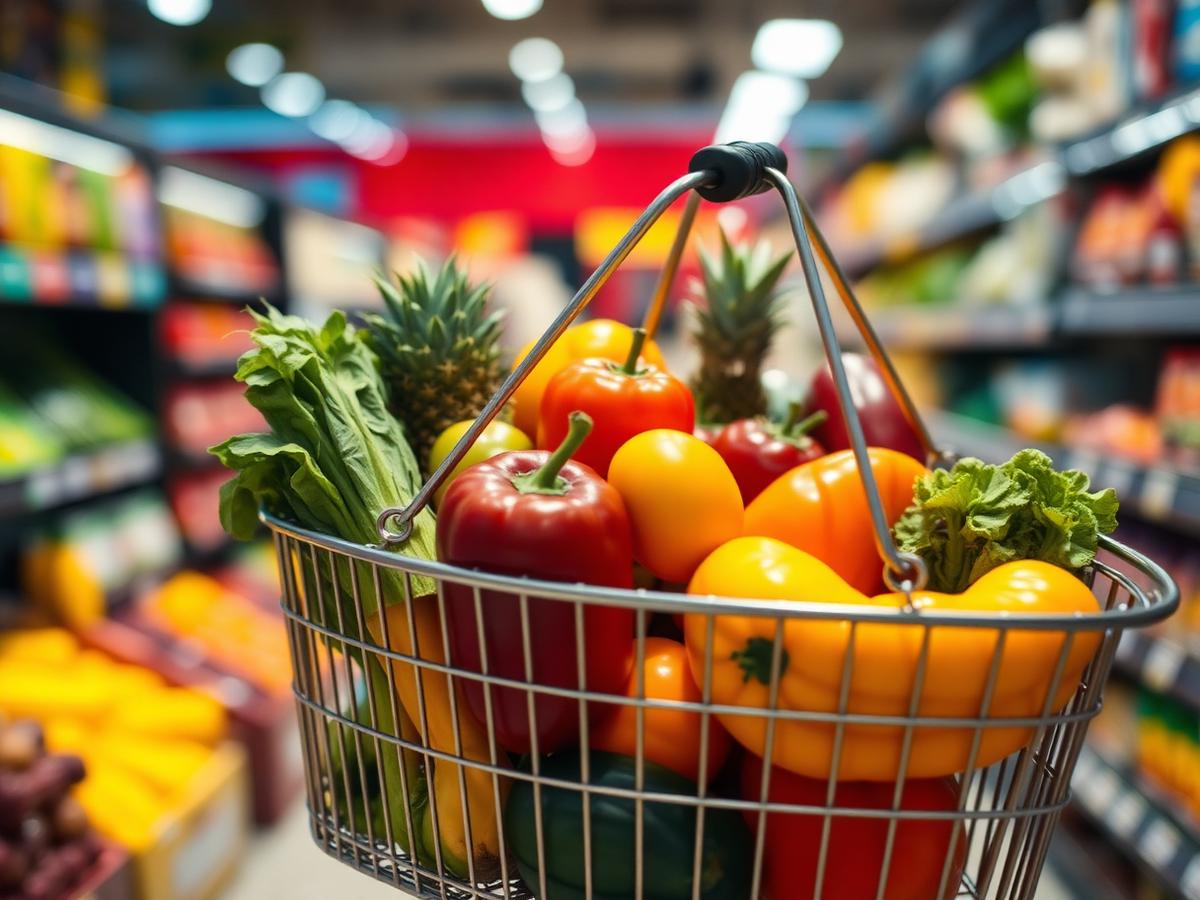 Full grocery basket with fresh produce in a supermarket aisle