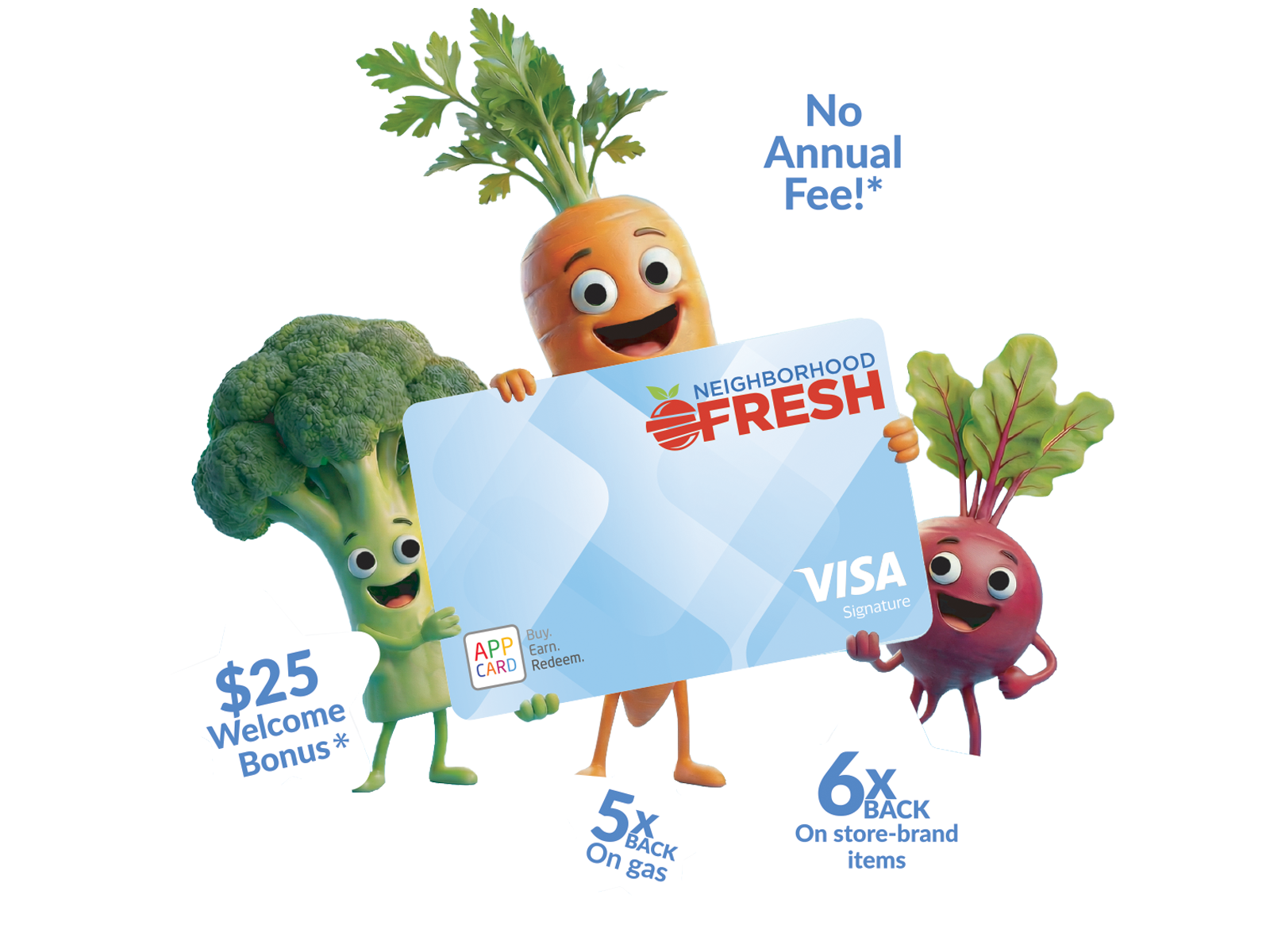 Neighborhood Fresh branded credit card with animated vegetable characters