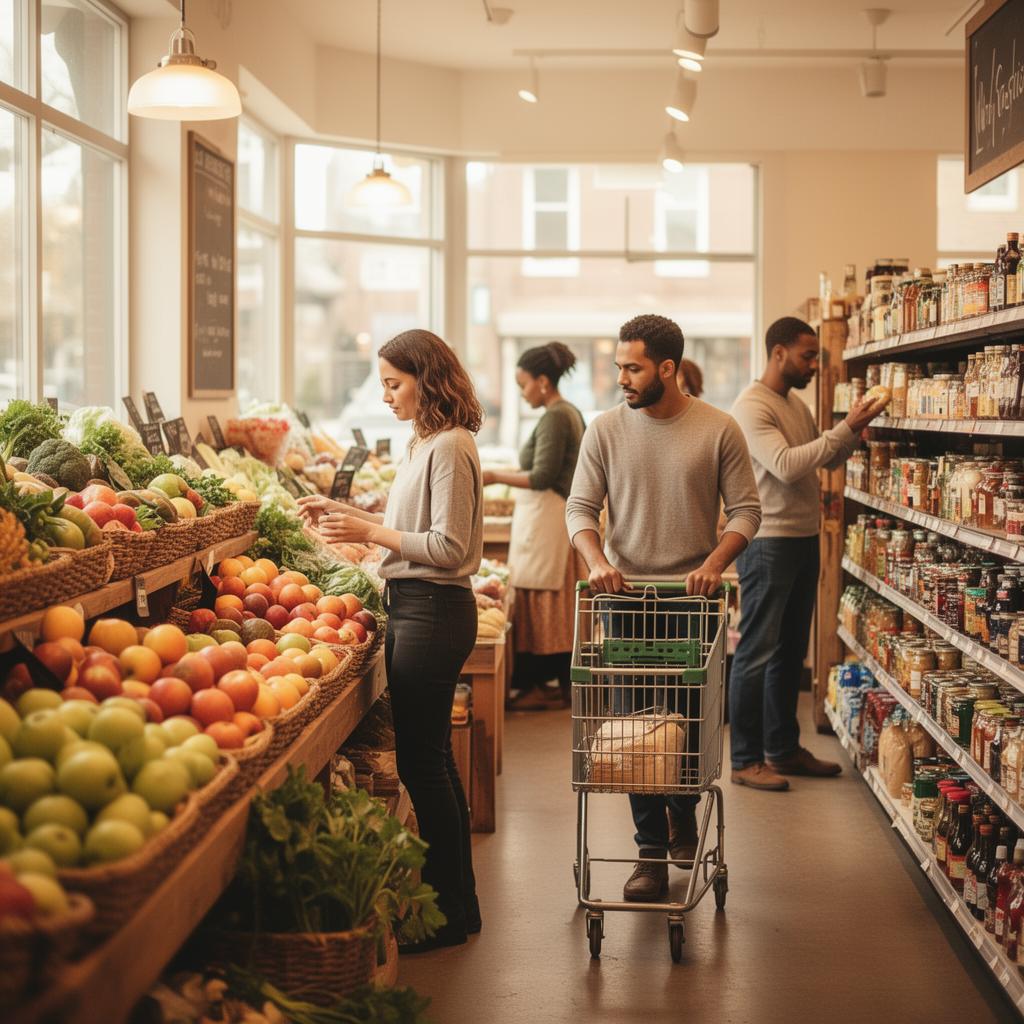 Shoppers browsing an independent neighborhood grocery store
