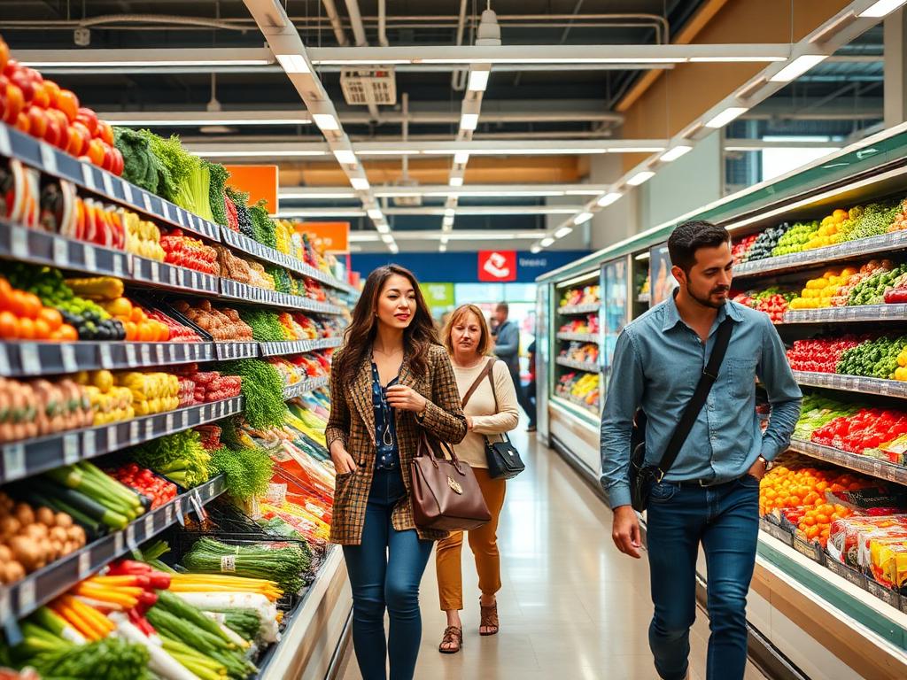 Diverse group of people shopping in a grocery store