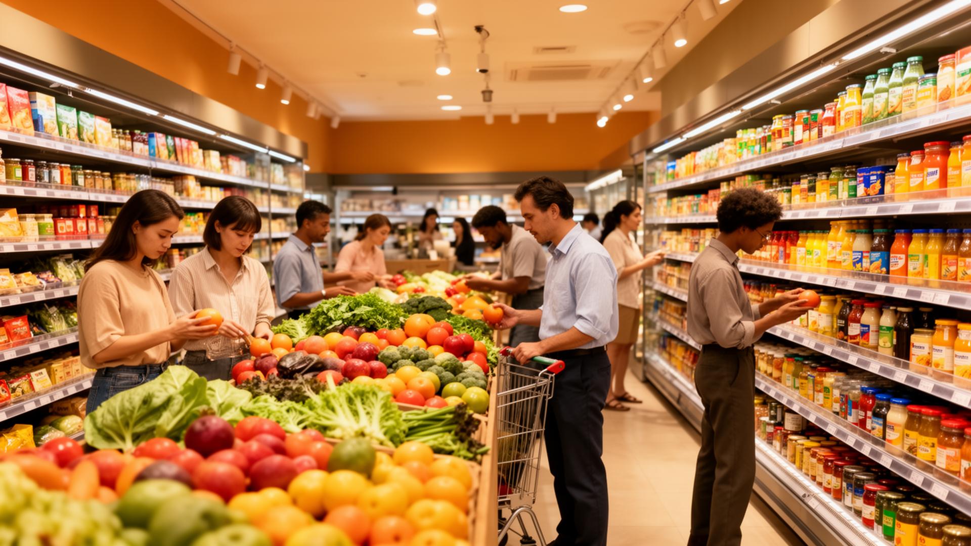Diverse group of people shopping in a grocery store aisle