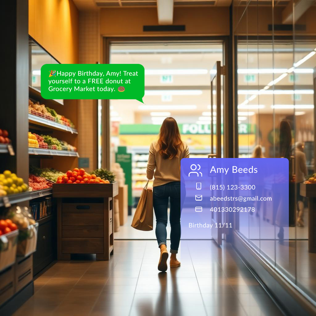 Shopper leaving a grocery store receiving a personalized birthday SMS offer